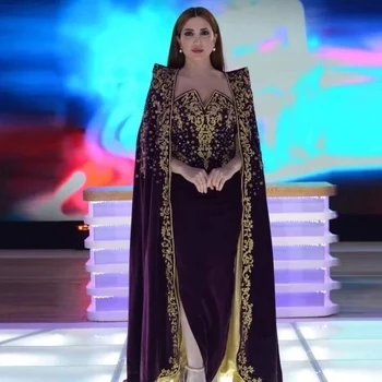 Лилаво Марокански кафтан, Мюсюлмански вечерни рокли-калъф с V-образно деколте и апликации, beading, Дубай, Арабски, Турция, Абая, ислямското рокля