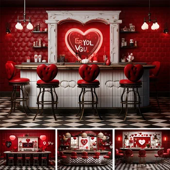 Фон за снимки в бар в Ден на Св. Валентин, червено сърце, стол, черно и бяло етаж, подпори за фотосесия, портретна фотофоны