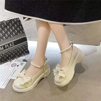 Модни дамски обувки Mary Jane 2023, Пролет / лято, Нови тънки обувки с перлата на носа на квадратен ток, малки кожени обувки в приказен стил