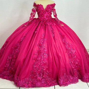 Червеното Дантелено Бална Рокля Quinceanera Dresses 2023 С Апликации От Мъниста 3DFlower Sweet 16 Dress дантела Vestido De 15 Anos