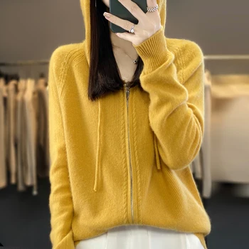 Вязаный сако от 100% чиста вълна, есенно-зимния моден женски пуловер-жилетка high sense 2023 с качулка с цип