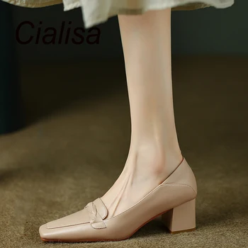 Cialisa/ Модни Дамски обувки-лодка; Новост Есента 2022 г.; Вечерна Рокля От естествена кожа С Квадратни пръсти; Дамски обувки на висок ток 6 см; Кайсии Размер на 40