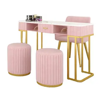 На едро Модерен Висококачествен Ноктите маса Модерна Салонная мебели Розово Евтини Ноктите маса Метален Маникюр, маса с табуреткой