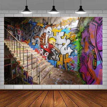 Градските Улични Графити На Стената Снимка Фон За Снимки На Ретро Карикатура На 80-Те И 90-Те Години На Мода, Хип-Хоп Стил На Фона Деца