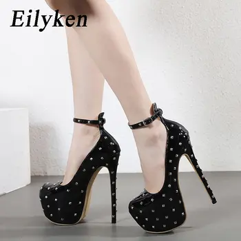 Eilyken/ Чубрица дизайнерски обувки-лодка с кръгло бомбе и нитове, дамски сандали на платформа и ремешке с катарама, обувки за нощен клуб в много тънък висок ток