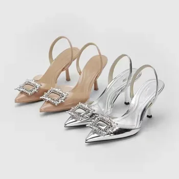 Нови дамски сандали 2024 г., сребристи сандали с остри пръсти, дамски летни модни вечерни обувки на висок ток с квадратна катарама и кристали.