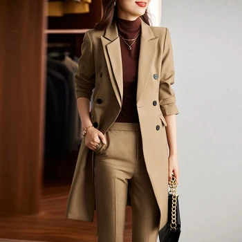 Зимни женски официален дълъг блейзър 2023, женски комплект от яке и панталони в цвят каки, Бежово, черно, Офис женски бизнес костюми за работа