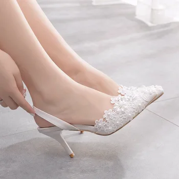 Кристален кралската босоножка на висок ток 7 cm Луксозни сватбени обувки с бяла дантела и перли Качествени Дизайнерски Елегантни улични дамски сандали