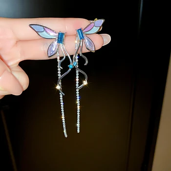 Дамски обеци-пеперуди с лилава емайл, в корейски стил, обеци с кристали с дълъг пискюл, сватбени украси за партита