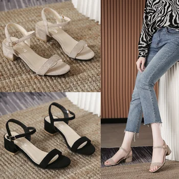Лятна мода обувки за жени, Сандали Mujer 2021, Дамски обувки от изкуствен велур, Сандали с отворени пръсти на квадратен ток 34 36 38 39