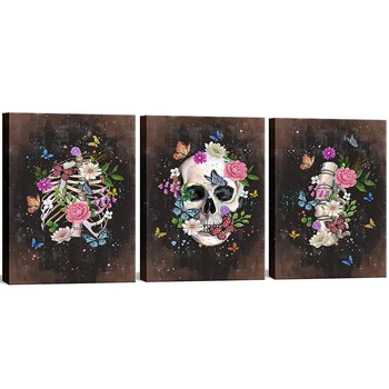 Триптих Скелет, Разноцветни цветя и пеперуди, определени за диамант живопис със собствените си ръце от 3 теми, Мозайка за бродерия от захарен череп iamond R209