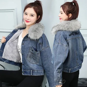 2023 Зимата Ново Плюшевое джинсовое палто Дамско яке с бродерия от утолщенного памук в Корейски стил, с голям джоб от вълна агнешко месо, яке с памучна подплата