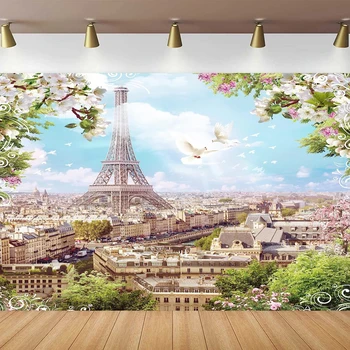 Фон за снимки на Айфеловата кула в Париж Пролетни Пейзажи от Бели и Розови Цветя, Дървета, Птици, Гледка към Града Фон за сватби Рожден Ден