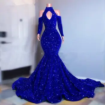 Кралски сини рокли за бала на Русалка с дълги ръкави и пайети Дубай, Саудитска Арабия Арабски дълга вечерна рокля за бала вечерни рокли
