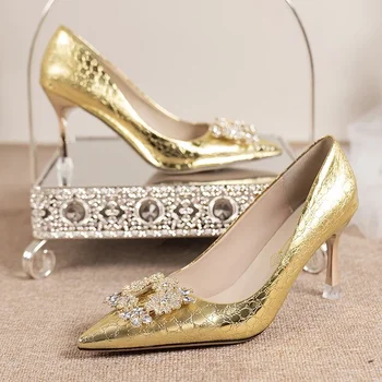 Луксозни Кристални обувки-лодка с квадратна катарама цвят: Златист, Сребрист Дамски 2023 Нови Сватбени обувки на висок ток, Без съединителни Дамски официални обувки с остър пръсти