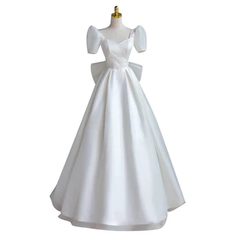 2023 Меко атласное бяла сватбена рокля с пищни ръкави трапецовидна форма, перфектна е Просто Романтична сватбена рокля Vestidos de новия Luxury