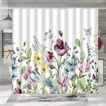 Цветни завеси Ботаническая живопис пъстри цветя за баня, завеси за баня пастел цветя, интериор на баня