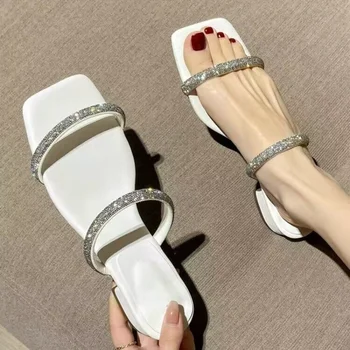 2023 Модерни обувки за жени, Дамски Сандали, чехли и Летни Сандали с квадратни пръсти Женски Горещи сандали на ток кристал
