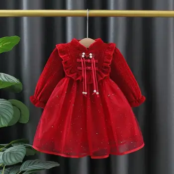 Бархатное рокля на лигавицата за малко момиче, Зима 2023, ново детско празнично принцеса рокля с дълги ръкави за годовалой момичета в западен стил, 2023 г.