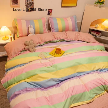 Комплект спално бельо в розово ивица, Розово, зелено, жълто, Стеганое одеяло, мек интериор за спални от полиестер, Единична, двойна, в реален размер за момичета