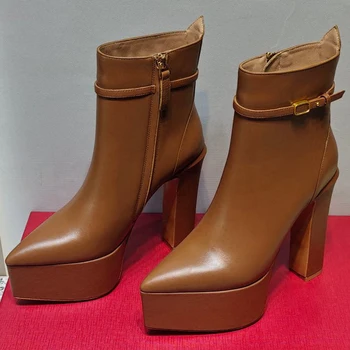 Есен-Зима Нови дамски къси ботуши на площада токчета с шипове от естествена кожа Материал Senior Simplicity Дамски обувки на платформа