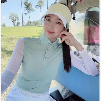Летни дамски дрехи за голф, слънцезащитен топ с дълъг ръкав, тениски с защита от топка от лед коприна, риза с къси ръкави за спортове на открито