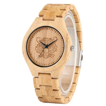 Напълно Дървени Кварцов Часовник С Выгравированной Главата на Тигър Дървени Мъжки Часовник Уникална Гривна от Естествен Бамбук Ръчен Часовник е най-Добрият Подарък за Мъже reloj