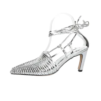 MKKHOU/ Модни Дамски сандали; Нова Реколта Сандали на висок ток с остър кухи вязаным каишка на щиколотке; Летни Модерни, отворени обувки;