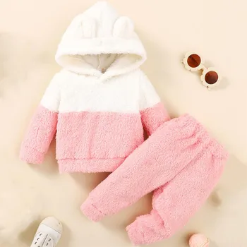 Комплекта дрехи с качулка за новородени момичета 0-2 години, отгоре с качулка и панталони с дълъг ръкав, есенно-зимна топла ежедневни облекла от 2 теми