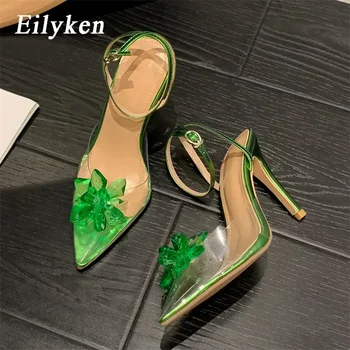Eilyken, Нов стил, дамски обувки-лодки със зелен хрустальным цвете, Чубрица сватбени обувки за бала на висок ток с остър пръсти, женски прозрачни сандали от PVC