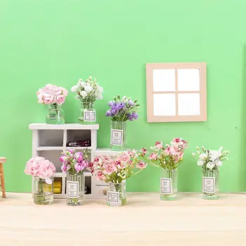 Ваза за цветя в кукла къща в мащаб 1:12, Розова роза, Бял Жасмин, мини-цветна композиция, Миниатюрни модели на детски играчки, Мебели и аксесоари