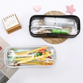Прозрачен молив случай джоб с цветни ленти, преносима чанта за моливи голям капацитет за възрастни и деца
