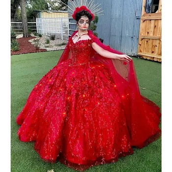 Буйни червени рокли принцеса с открити рамене и плащом, 3D Цветя, бельо Рокля с кристали, Мексикански рокля за бала 15 Anos Sweet 16