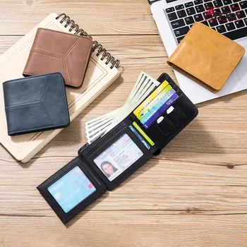 Нов елегантен мъжки портфейл от естествена кожа Rfid, малка в чантата си, държач за кредитни визитки, двойни и трикуспидалната кесия за пари, кратък портфейл