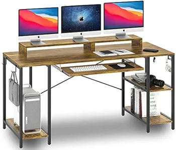 Компютърна маса с поставка за клавиатура, 55-инчов сверхпрочный маса с рафтове за съхранение, лесен за сглобяване, кафяво в селски стил