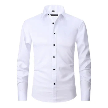 Еластична тениска против бръчки, памучен Оксфорд риза за мъжете, ежедневни ризи в клетката и райе с дълъг ръкав, мъжки джоб, нормално кацане