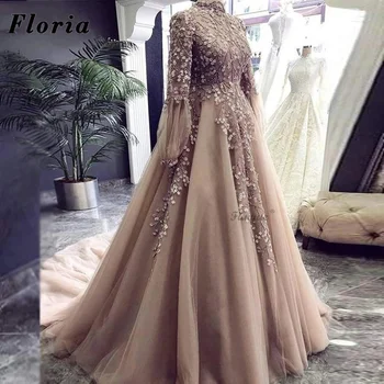 Вечерни рокли Floria Middle East Champagne с дълги ръкави, направени по поръчка, трапециевидные апликации, мъниста, обличам знаменитост, секси вечерна рокля