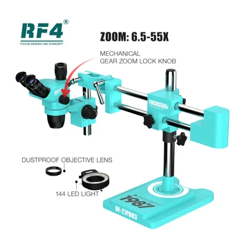 Най-новият трехокулярный микроскоп RF4 6.5-55X с led осветление, дизайн на респиратор с двойна опора RF27PRO3