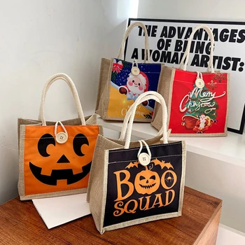 Бельо чанта с тиква за Хелоуин, рисувани памучни торби, джутовые преносими чанти за бонбони, спално бельо, чанти, чанти за пазаруване, торбички за подаръци, Коледа
