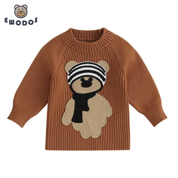 EWODOS / Crochet боди / върховете на малки момчета и момичета с дълги ръкави, възли пуловери с бродерия мультяшного мечка, есен облекло за бебета