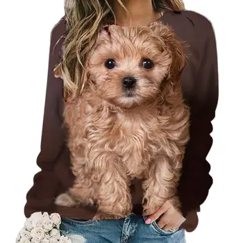 Есенна дамски тениски с 3D модел, Нов пуловер пуловер с шарени кученце, с дълги ръкави, скъпа памучен облекло в стил харадзюку Relax Oversize Кафяв цвят