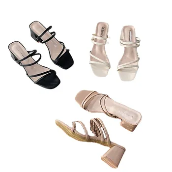 Дамски сандали, дамски квадратни токчета, Елегантни летни чехли, Кожени дамски слайдове с появата на шнур, Модни дамски сандали 2022