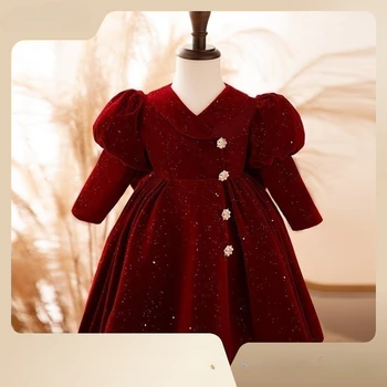 Бебешка рокля 2023, Есенно-Зимния Нова Рокля на Принцеса За момичета, Вино-червено Бархатное Рокля с дълги Ръкави, Дрехи за момичета