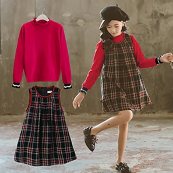 2023 Корея Пролетно-есенен Детски дрехи, Комплекти от 2 теми, Пуловер с кръгло деколте за момичета по-малки деца, Топ, Цельнокроеное Рокля За момичета, Комплекти За момичета