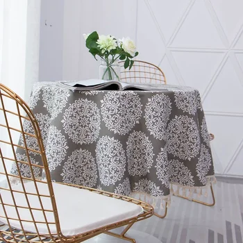 Кръгла покривка от сив памук и лен в европейски стил, висококачествени, елегантни четки, декоративно покритие за масата за хранене с принтом на хотела
