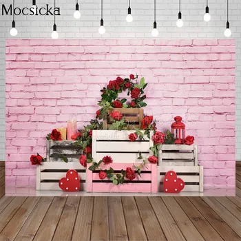 Фон за снимки на Деня на Свети Валентин Mocsicka Реколта Pink тухлена стена Цветя във формата на сърце на новородено дете Фон за снимки с разбито торта