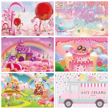 Тематично Фоново Декорация На Сладкарски Изделия Ice Cream Hut Cupcake Lollipop Sweet Baby Birthday Party Photography Background Studio
