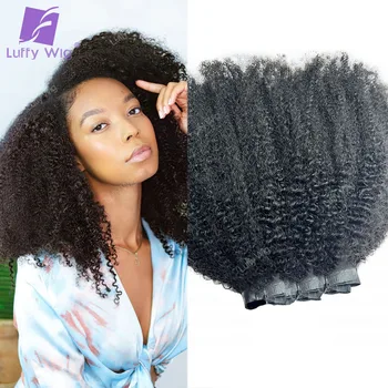 Афро-кудрявая изкуствена шнола за изграждане на човешки косъм, безшевни щипки за коса на снопове, щипки за коса с естествен цвят за черни жени Luffy