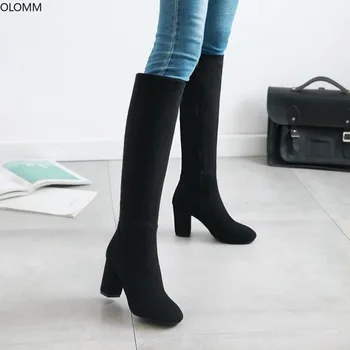 Дамски ботуши до коляното, Дамски ежедневни обувки на блок ток със страничен цип, по-Големи размери 2-9
