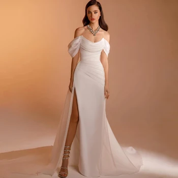 Елегантни сватбени рокли на Русалка с открити рамене, булката рокля с висока цепка, с плажна рокля, сшитое по стандартите на Robe De Mariee, страхотно
